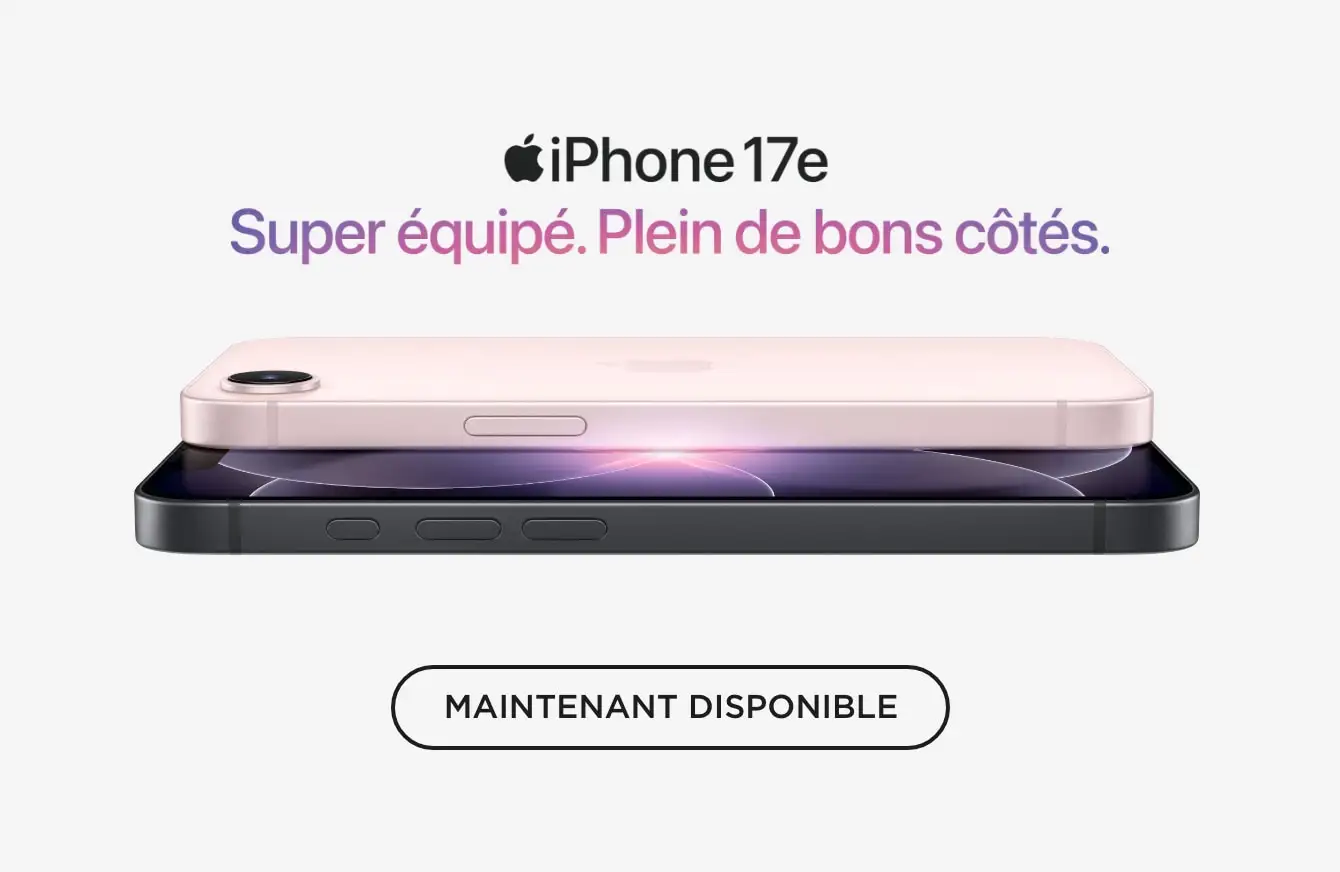 Logo officiel de l'iPhone 17e avec l'icône Apple au-dessus de la mention « Feature stacked, value packed » en caractères noirs, surmontant un iPhone 17e rose.