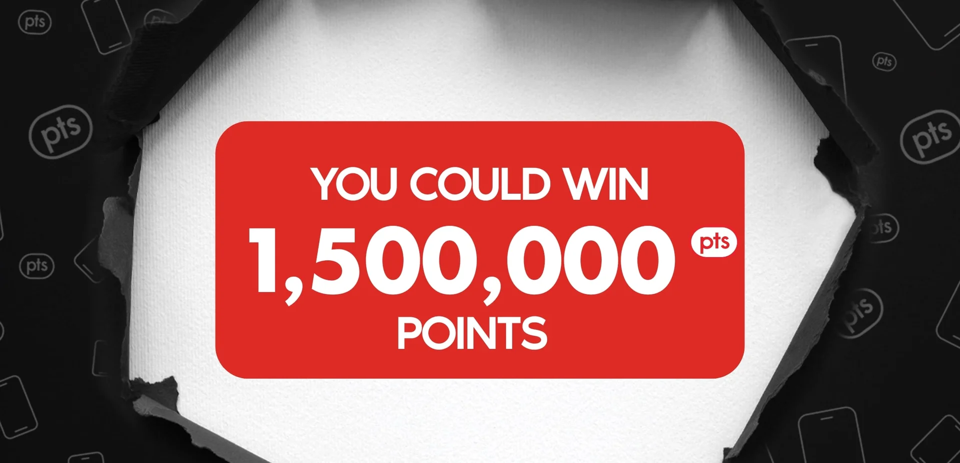 Paper is ripped open to reveal "Win 1,500,000 PC Optimum points" in white text against a red box 