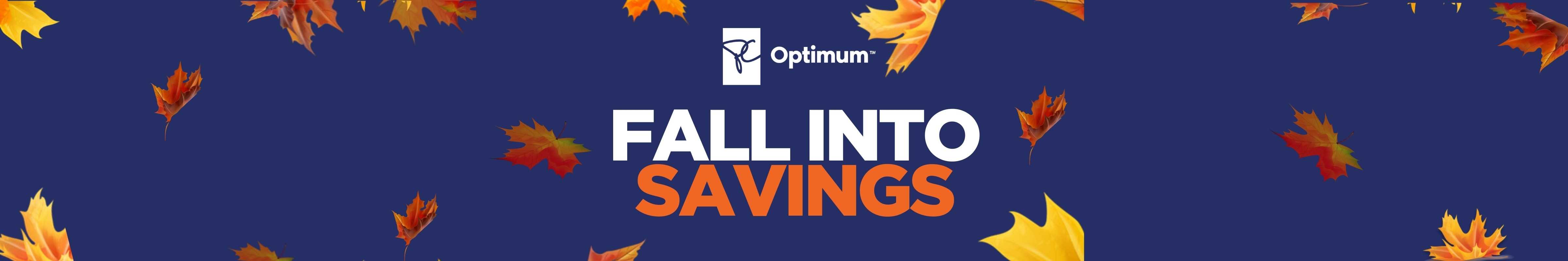 Underneath a white pc optimum logo, in large white font “Fall into Savings” on a navy blue background with orange and yellow leaves falling around the headline