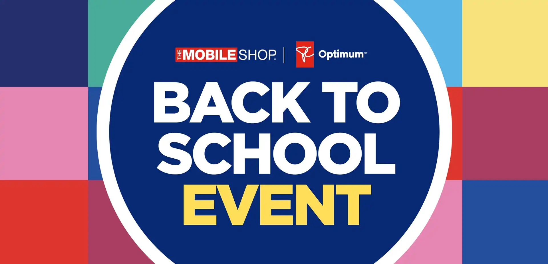A circle that contains text that says "Back to school event" under The Mobile Shop and PC Optimum logo against colourful tiles.