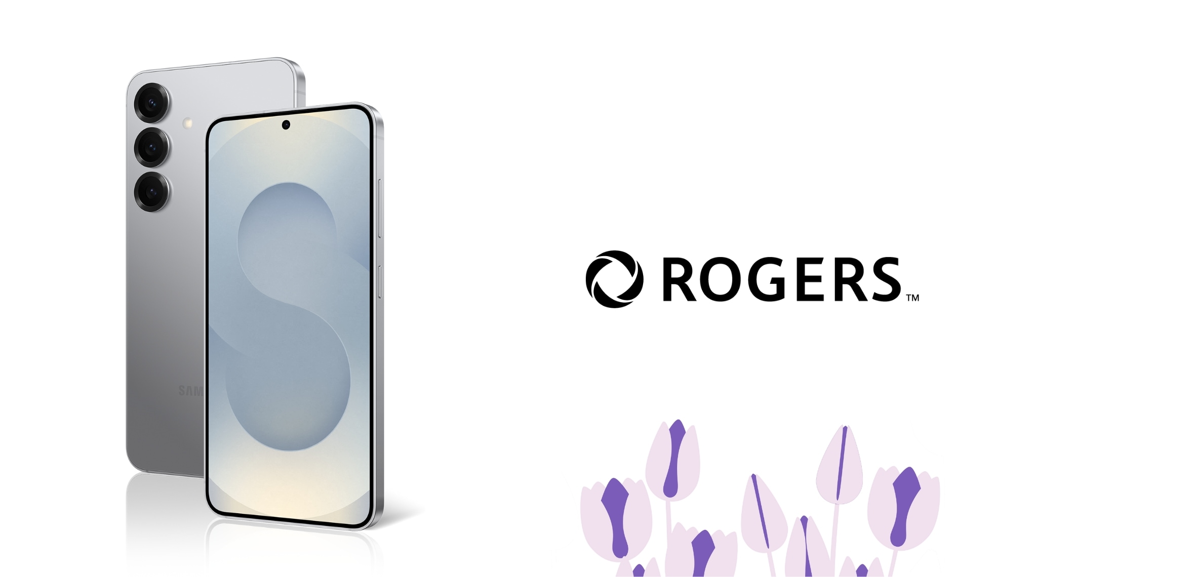 A silver Galaxy S25 pictured next to purple flowers on a white background.