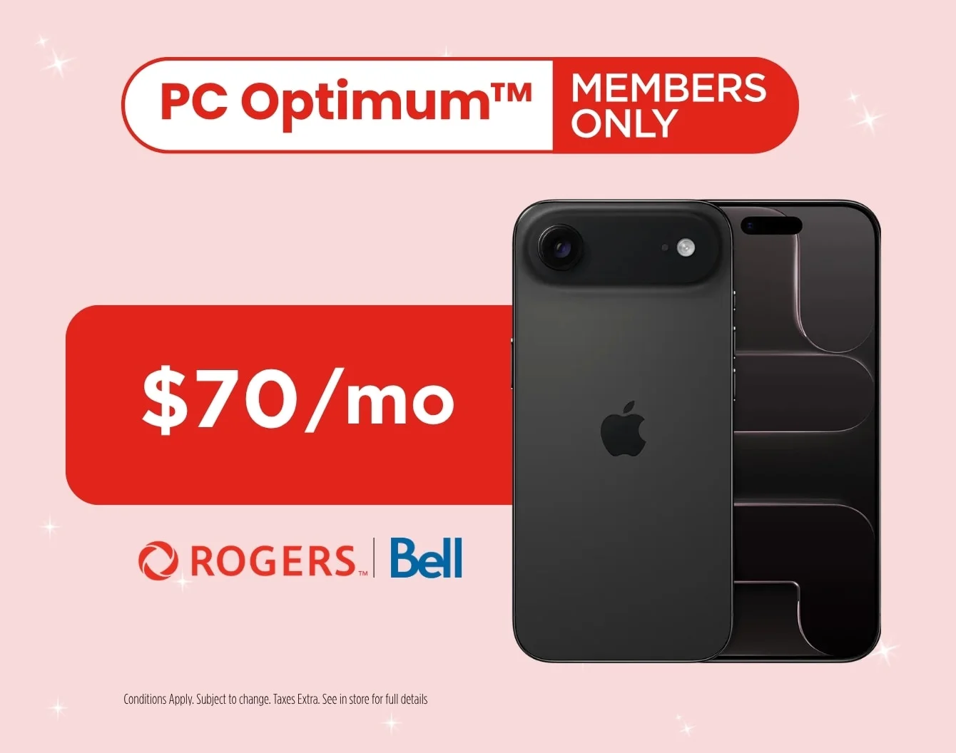 The front of a black iPhone Air against a pink background beneath a red badge that reads "PC Optimum Members Only"