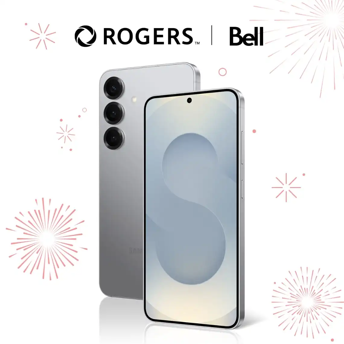 A silver Galaxy S25 next to bright red firework bursts and a bright red maple leaf