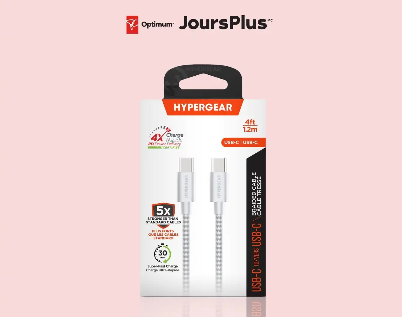 Câble Hypergear dans une boîte blanche sur un fond rose avec le thème PC Optimum Moredays.