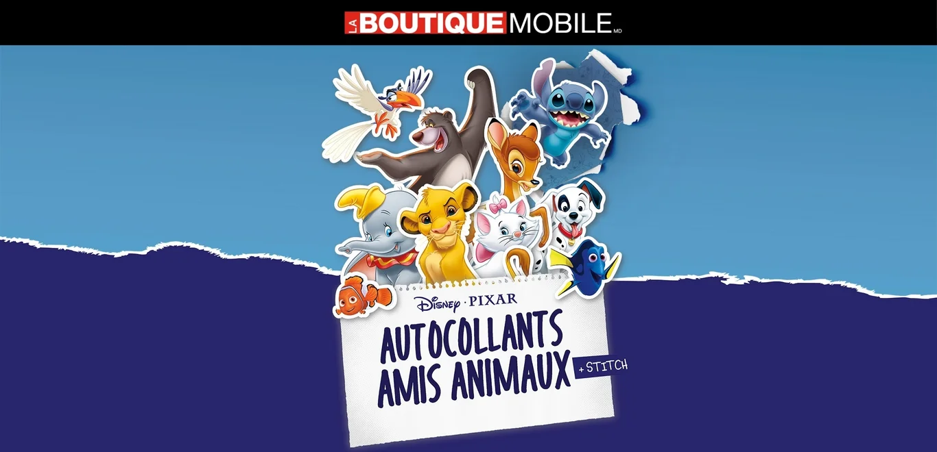 Autocollants Disney Animaux et Amis sous le logo The Mobile Shop sur un fond bleu marine.