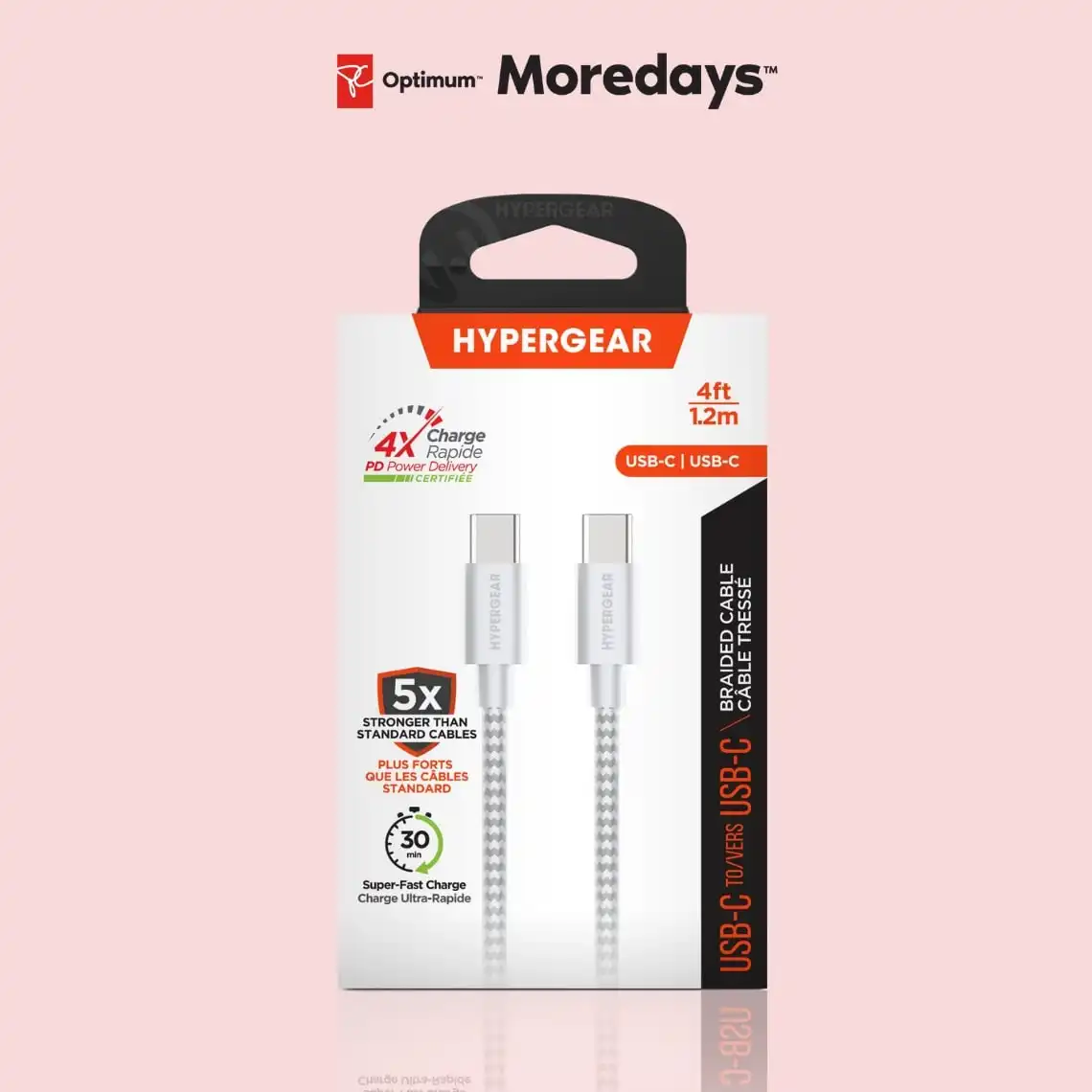 Hypergear cable in white box on a pink background with PC Optimum Moredays theme.