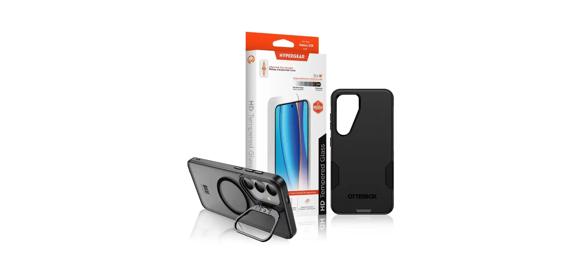 Blue Galaxy S25 phone case and white hypergear box with screen protector on a white background.