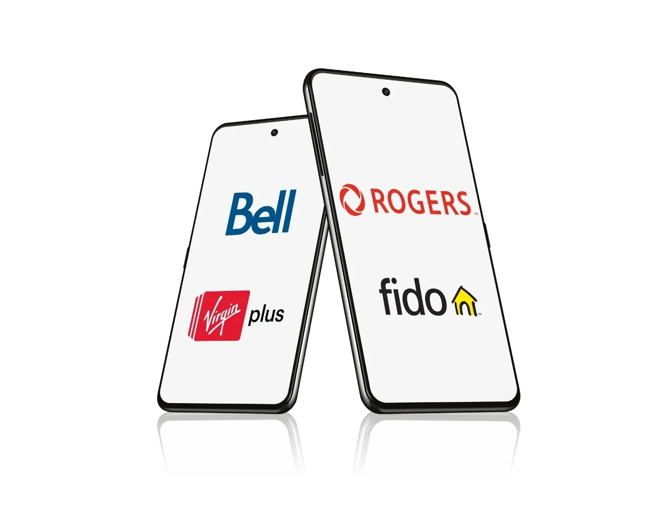 Écran de smartphone vierge incliné sur le côté droit affichant les logos Rogers et Bell, et appuyé contre lui sur le côté gauche, un écran vierge affichant les logos Virgin Plus et Fido.