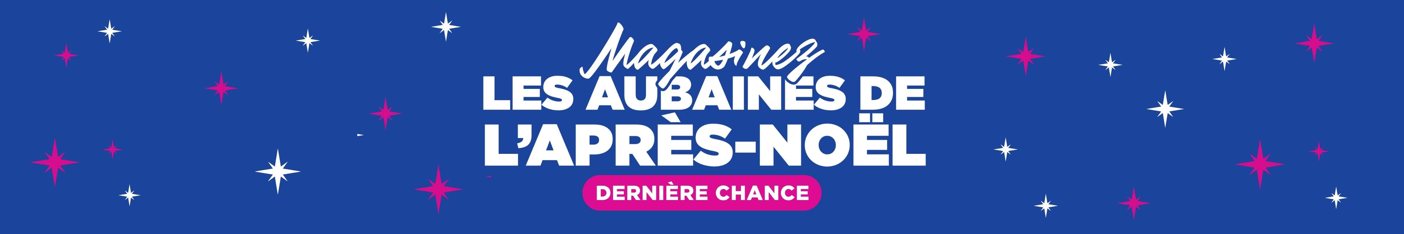 Évènement Boxing Week en lettres cursives blanches brillantes au-dessus d'une boîte rose contenant « DERNIÈRE CHANCE » en lettres blanches entourées d'étincelles bleues et roses sur un fond bleu foncé.