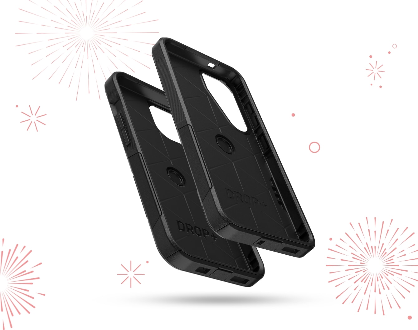A black Otterbox case next to bright red firework bursts and a bright red maple leaf