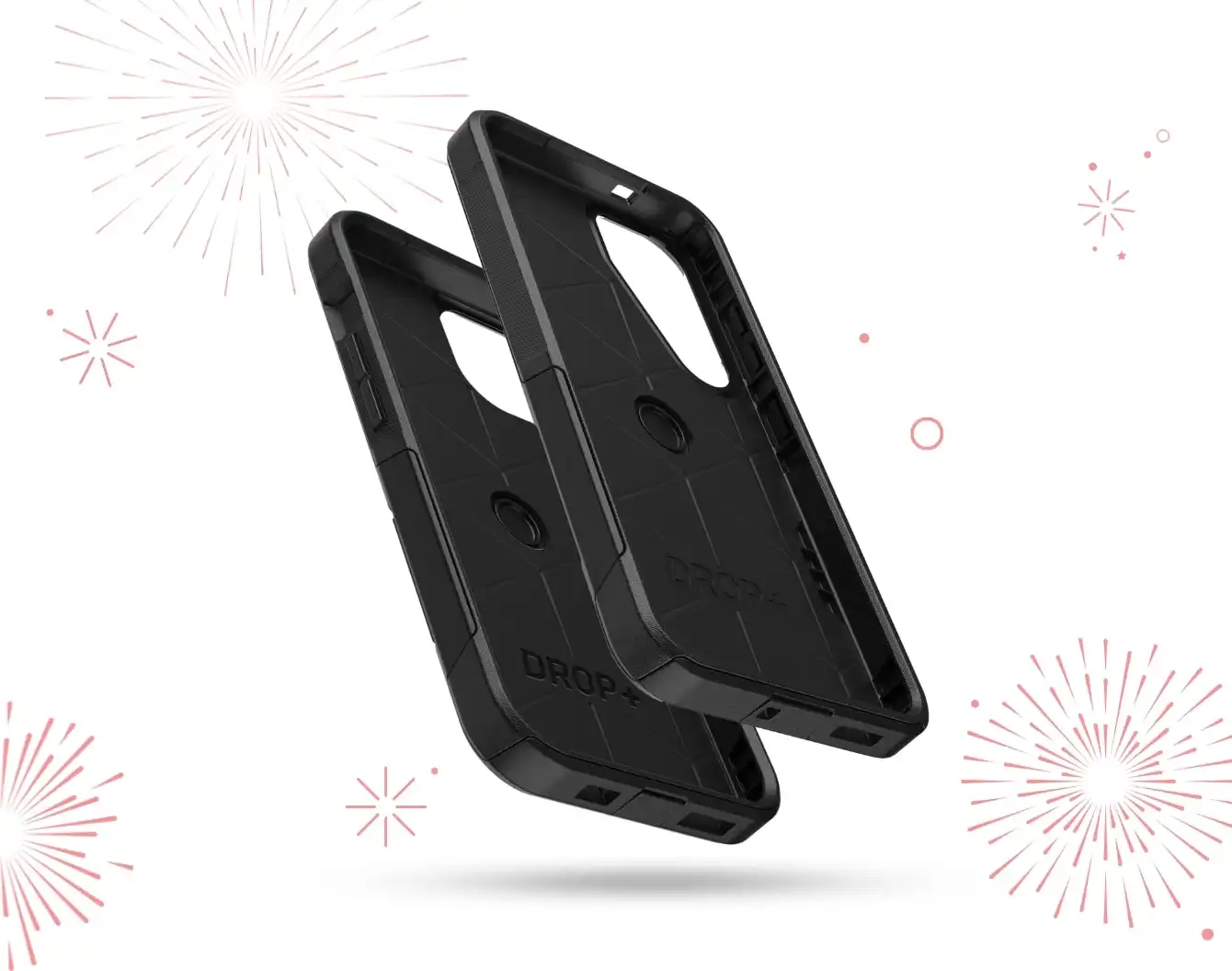 A black Otterbox case next to bright red firework bursts and a bright red maple leaf