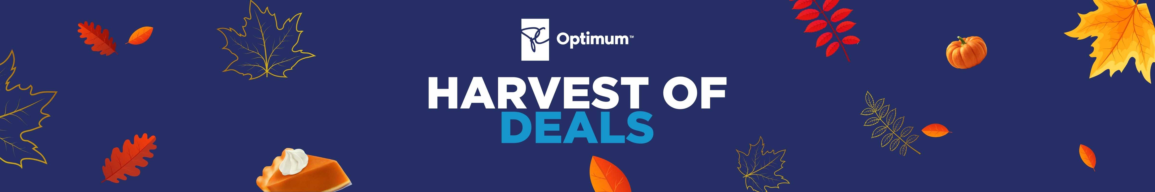 HARVEST OF DEALS in capital letters against a blue background with leaves, pumpkins and slices of pie.