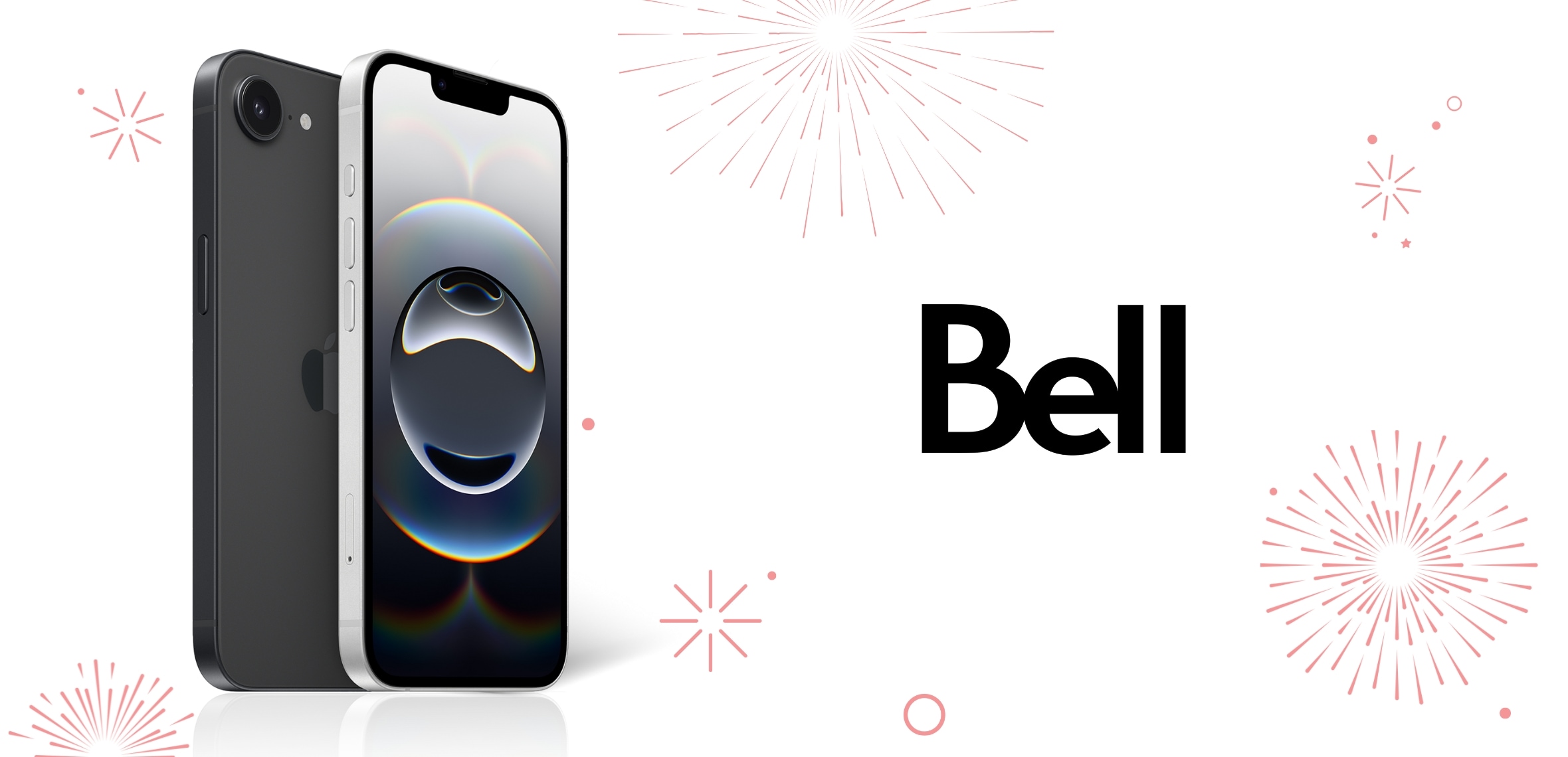 A black iPhone 16e next to bright red firework bursts and a bright red maple leaf