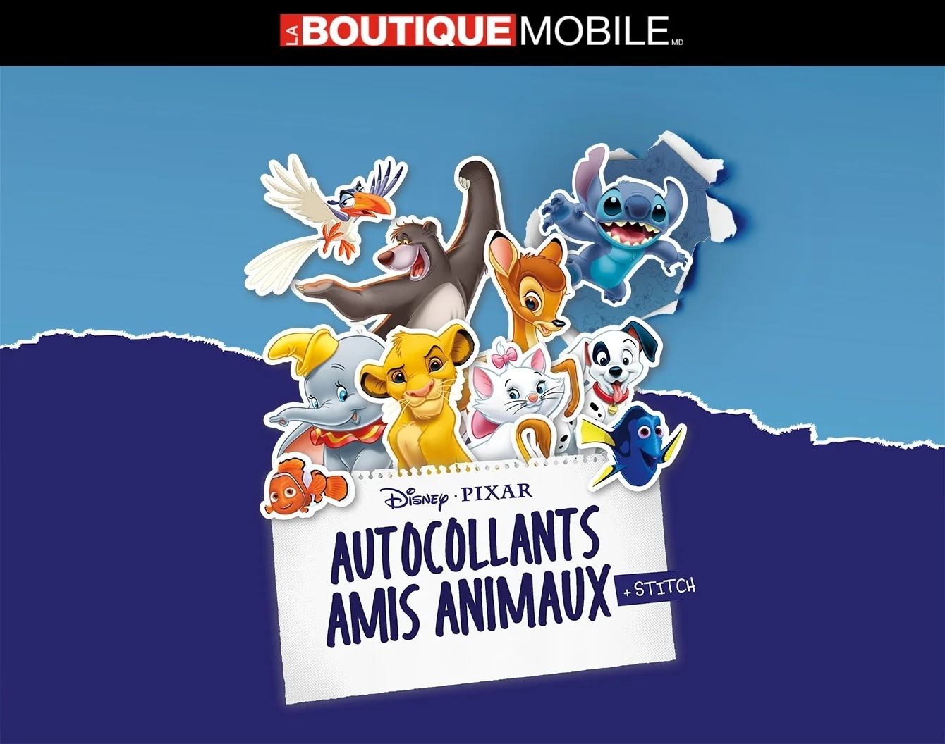 Autocollants Disney Animaux et Amis sous le logo The Mobile Shop sur un fond bleu marine.