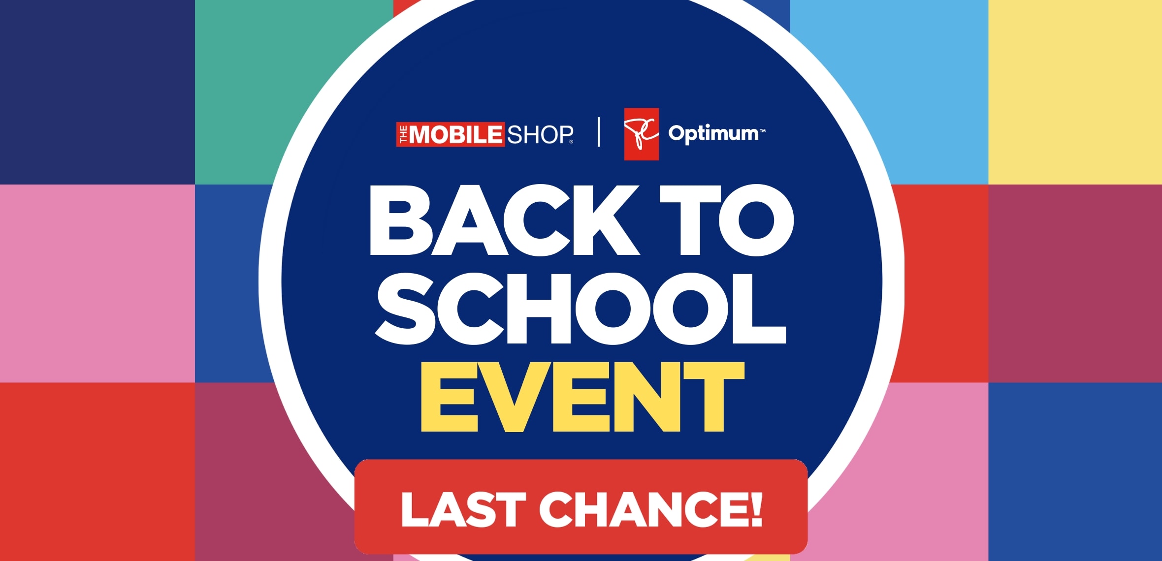 A circle that contains text that says "Back to school event" under The Mobile Shop and PC Optimum logo against colourful tiles.