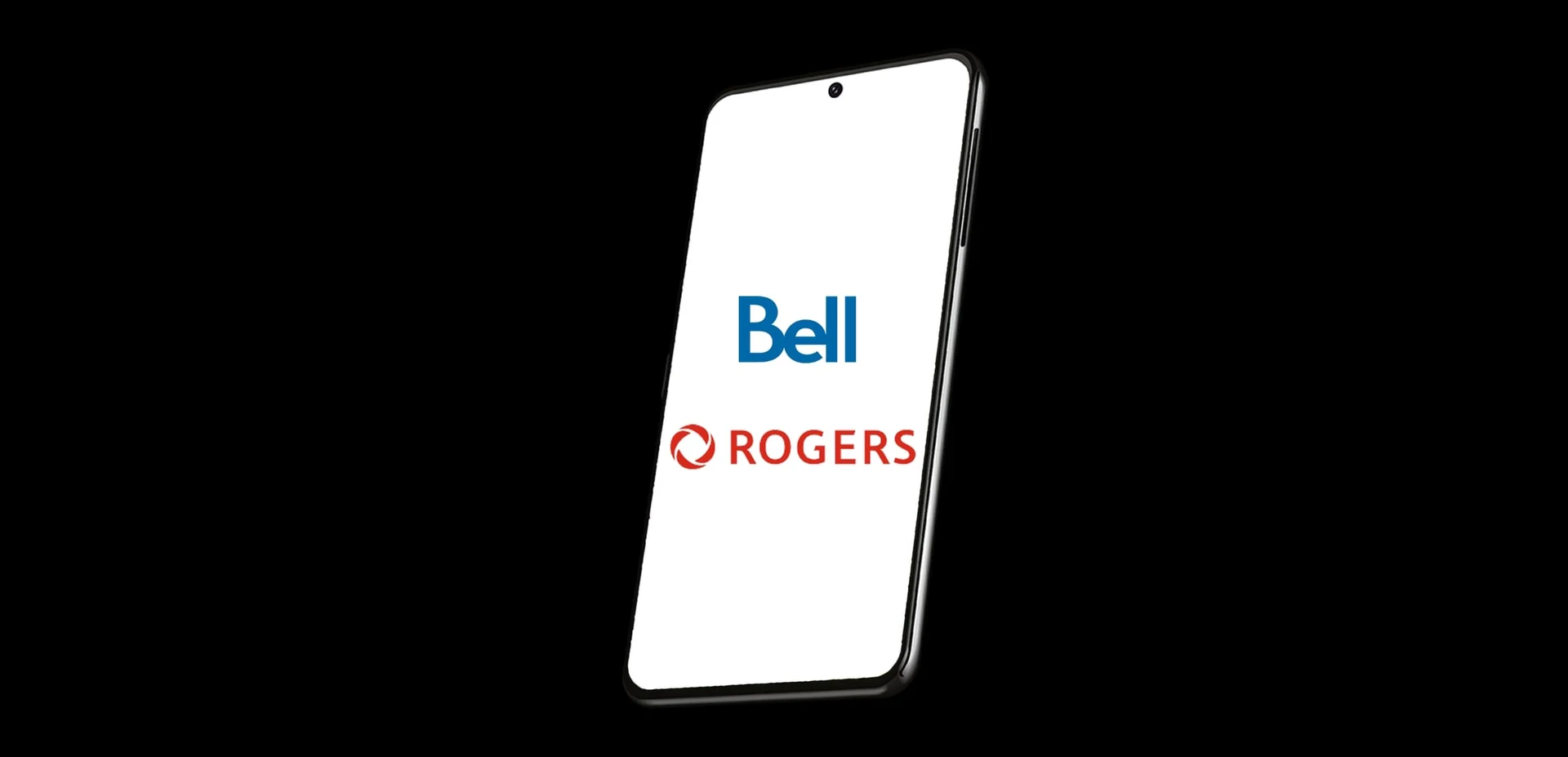 A phone with a white screen displaying Rogers and Bell logos