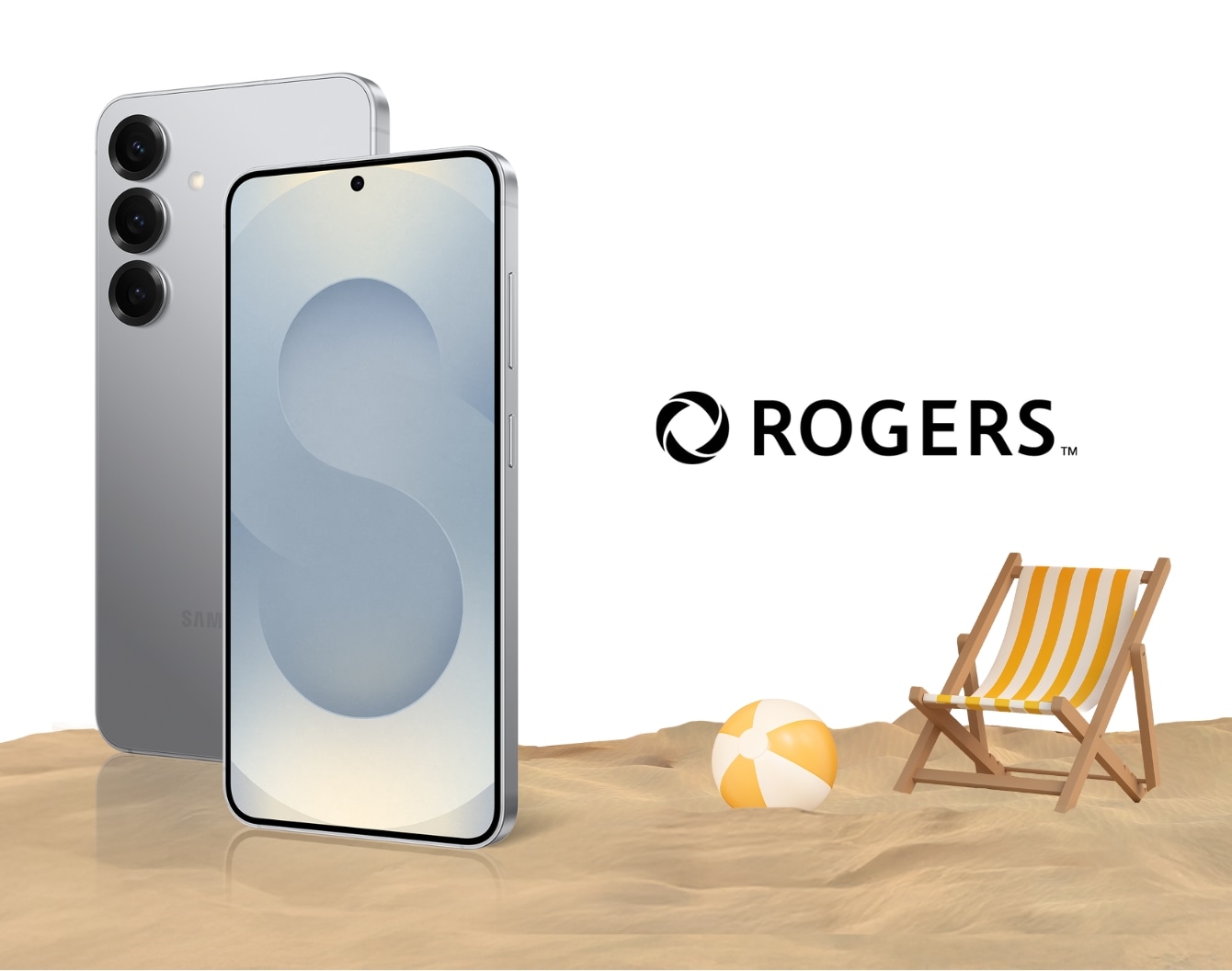 A silver Galaxy S25 rests on the sand of a beach with a blue sky above.