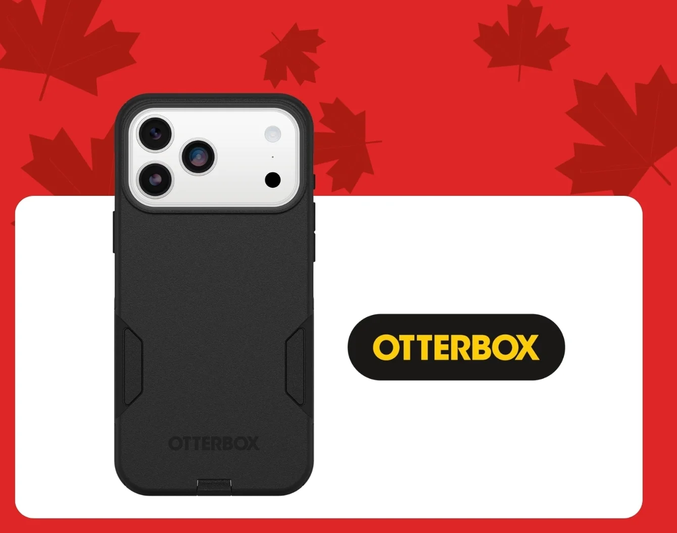 A black Otterbox phone case inside a white container against a red background covered in dark red maple leaves.