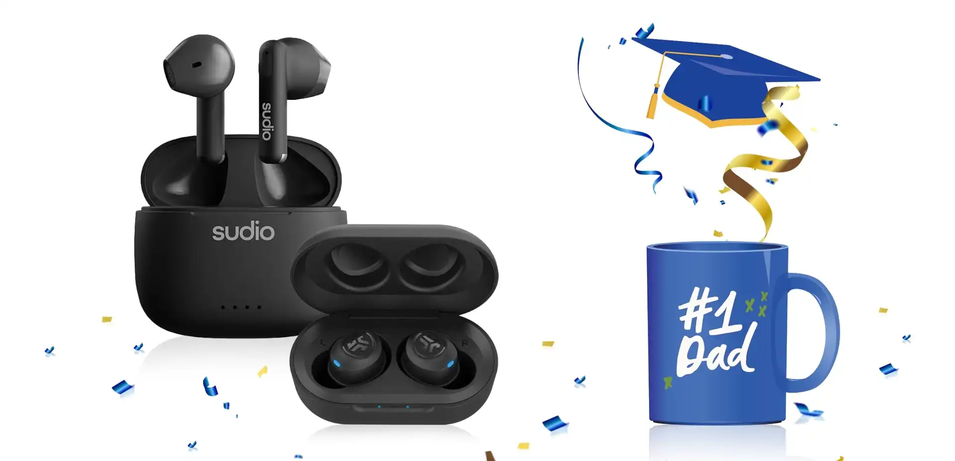Black earbuds on a white background with blue and gold confetti falling in the foreground.