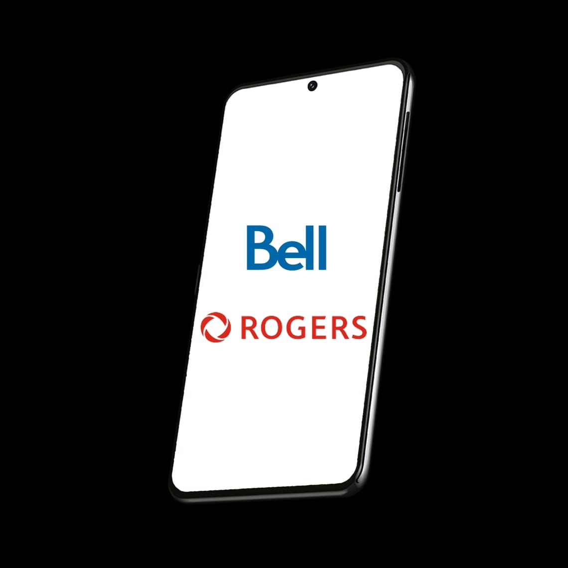 A phone with a white screen displaying Rogers and Bell logos