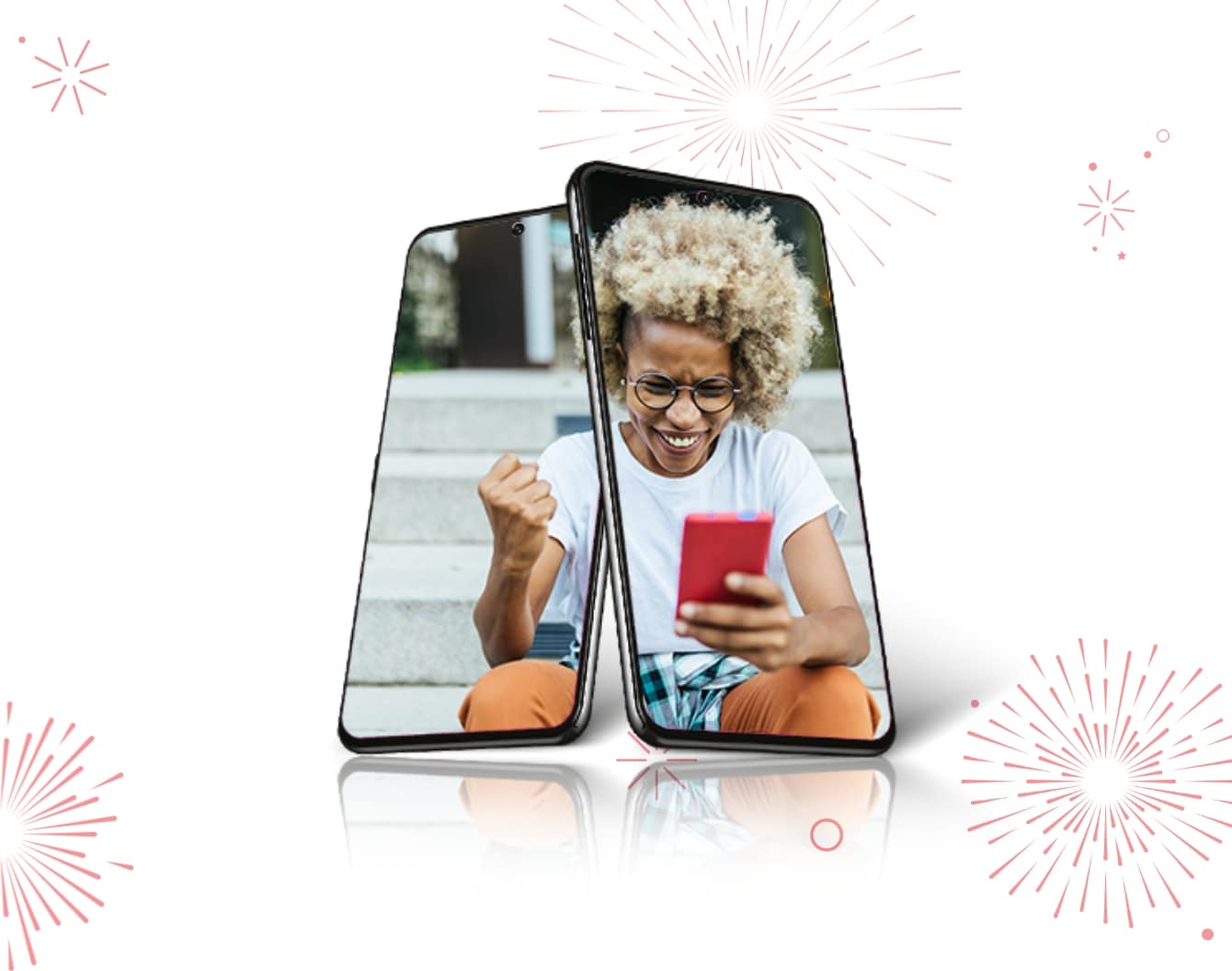 A person celebrates by raising their fists inside of a blank phone screen next to bright red firework bursts and a bright red maple leaf