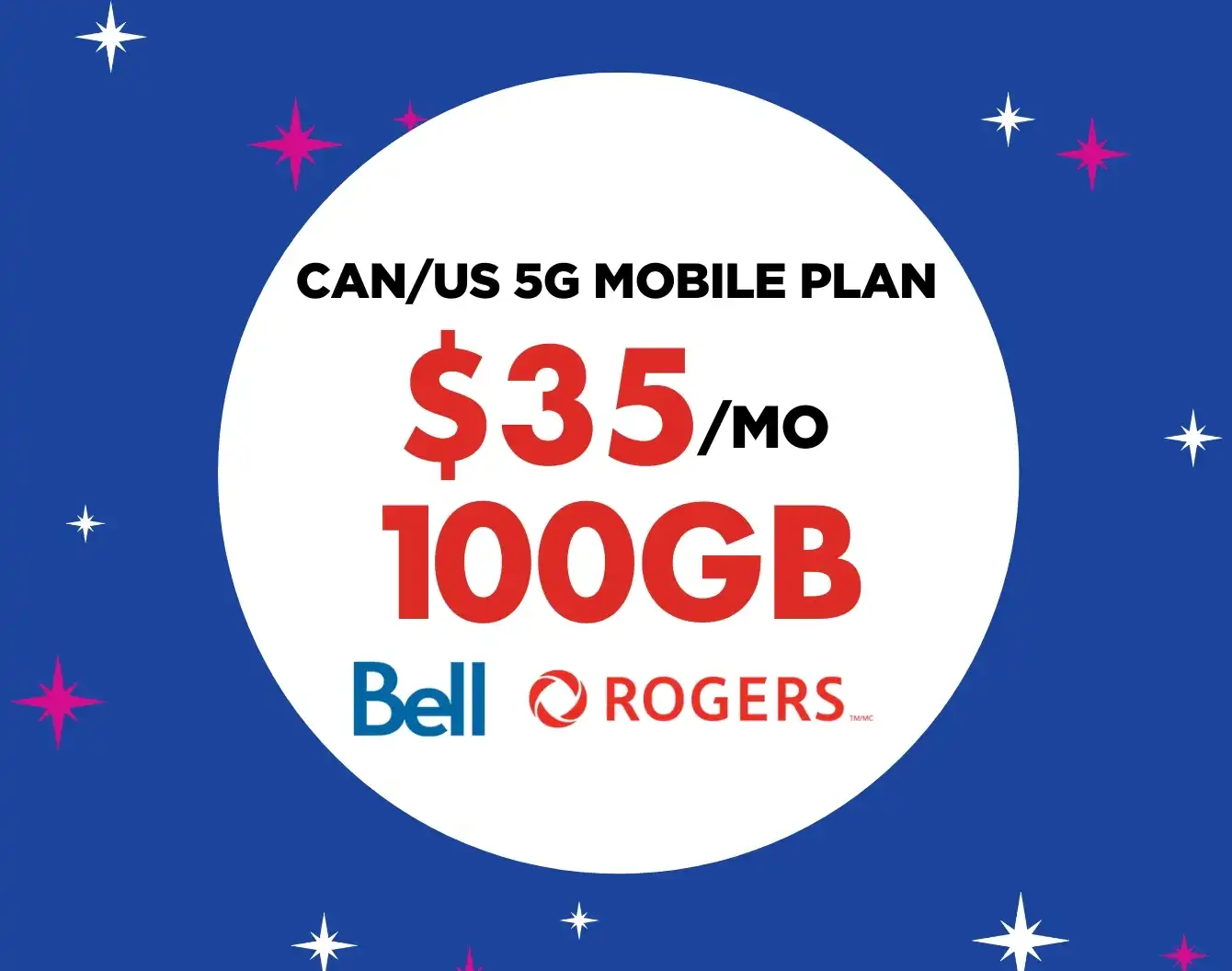 A white circle on a blue background with pink and blue sparkles. Inside the circle it says  get 100 GB for $35 / month in big red letters