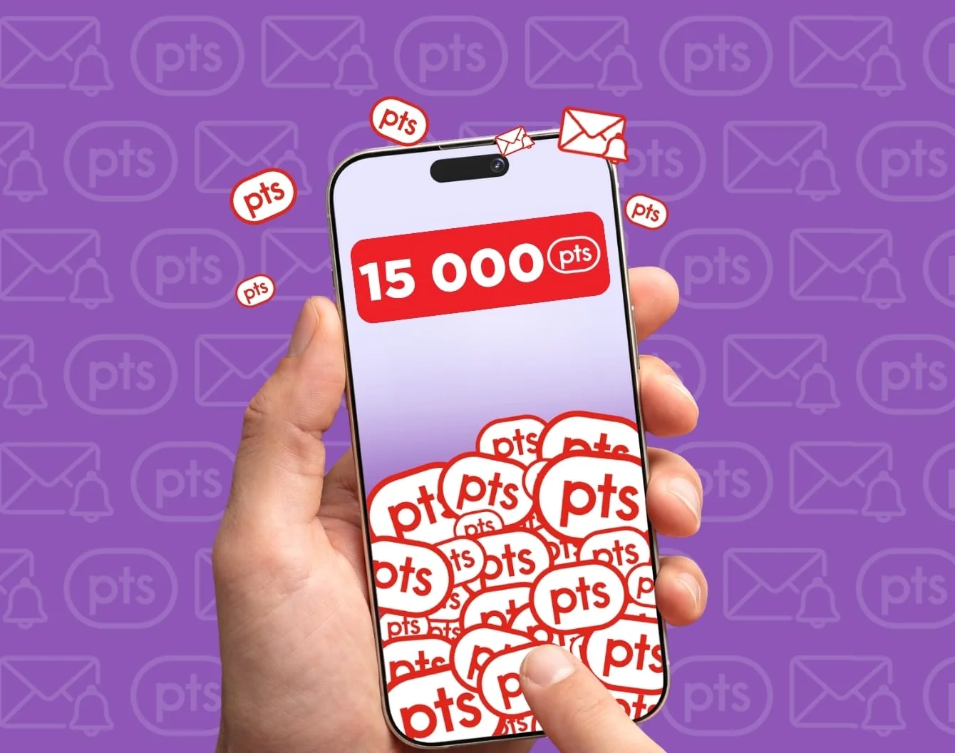 Une main tient un smartphone affichant « 15 000 points PC Optimum », entouré de pastilles de points PC Optimum rouges.