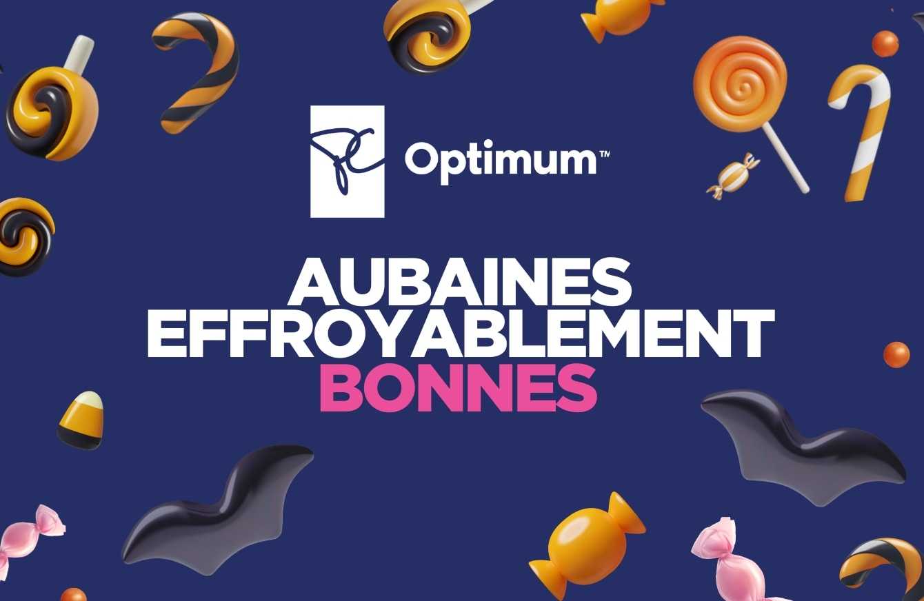 Des bonbons en forme de chauves-souris et des bonbons en forme de maïs sont dispersés autour de l'inscription « SCARY GOOD DEALS » (offres effrayantes) sous un drapeau blanc PC Optimum en lettres majuscules violettes vives sur fond bleu marine.