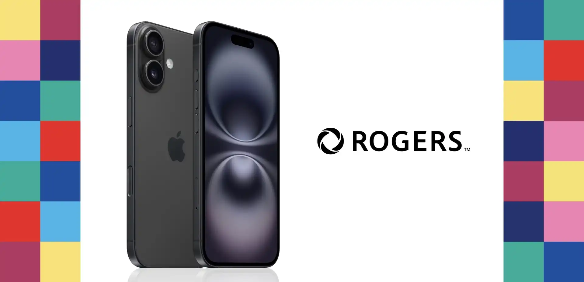 A black iPhone 16 next to colourful square tiles.