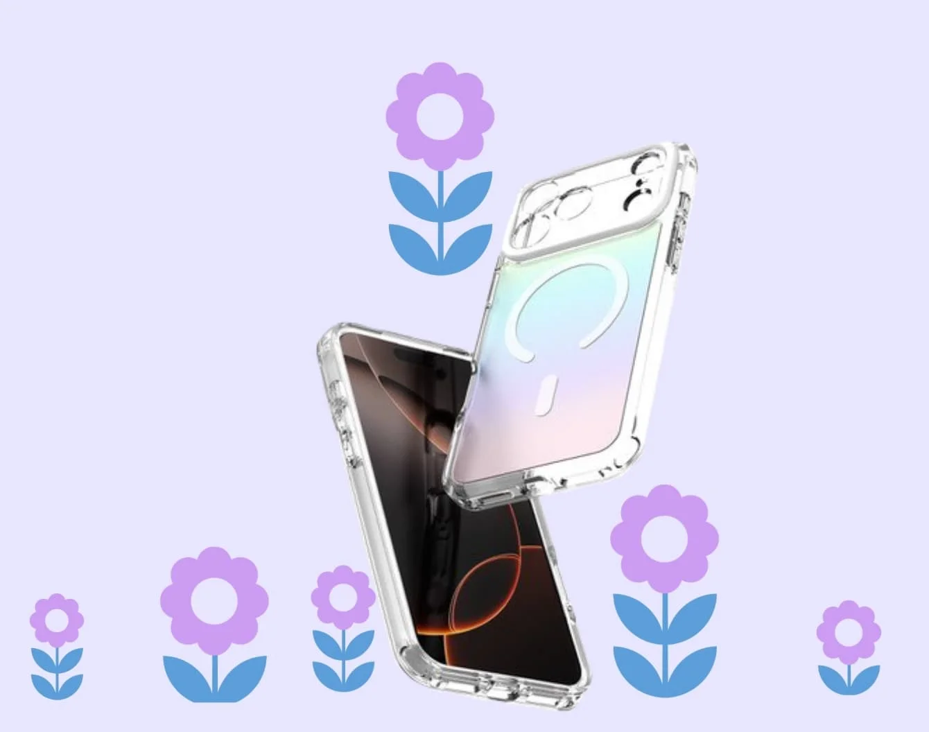 Un étui de téléphone Avana transparent avec recharge MagSafe, affichant son écran avant et son dos sous un angle, sur un fond lavande, est entouré de fleurs violettes.