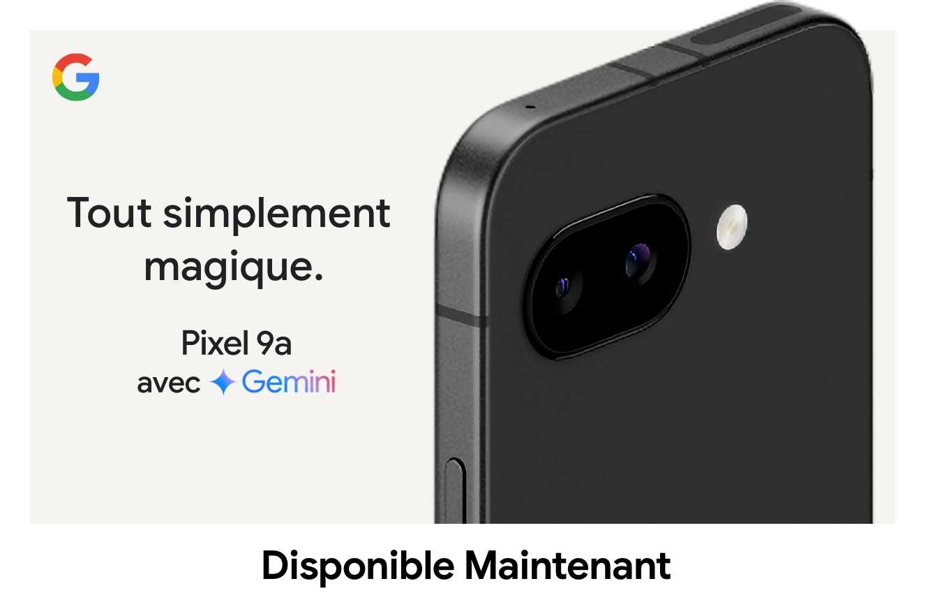 Le Google Pixel 9a noir avec un texte indiquant « Gemini » et le logo Google.