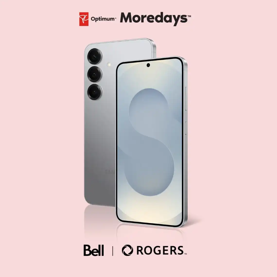 Silver Galaxy S25 on a pink background with semi transparent "more savings more points" font cascading down, and a black Bell and Rogers logo below the phone.