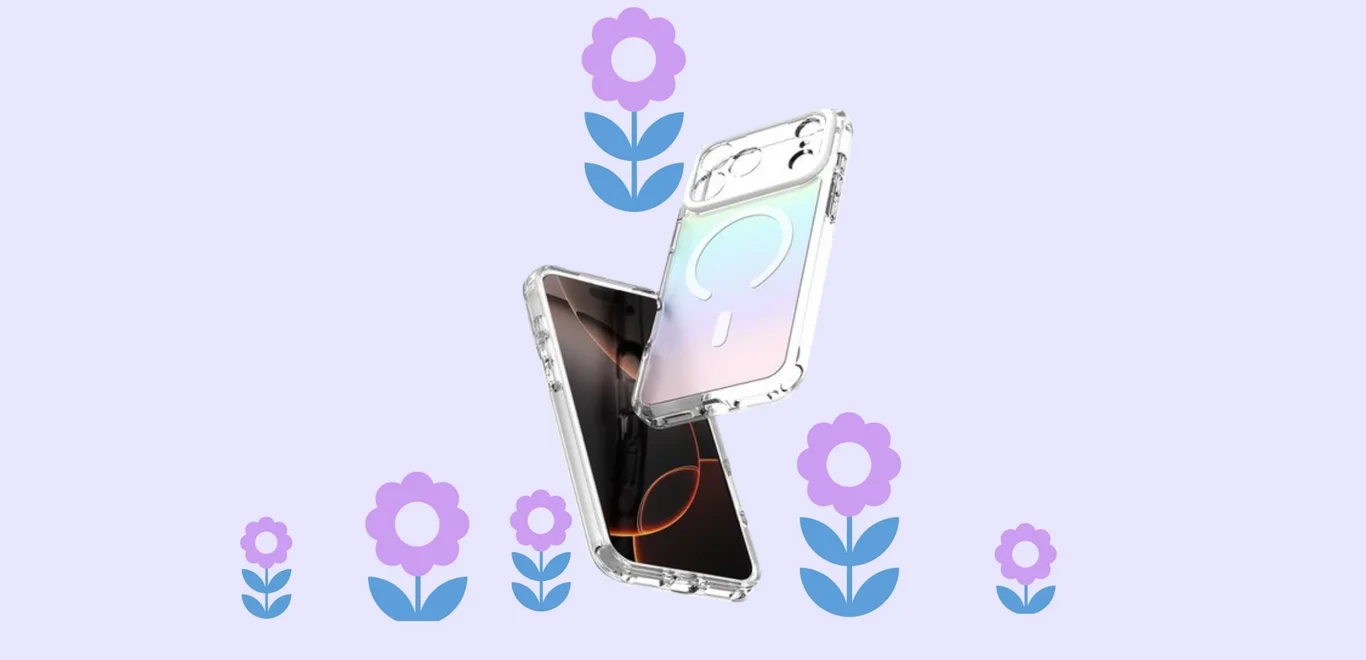 Un étui de téléphone Avana transparent avec recharge MagSafe, affichant son écran avant et son dos sous un angle, sur un fond lavande, est entouré de fleurs violettes.
