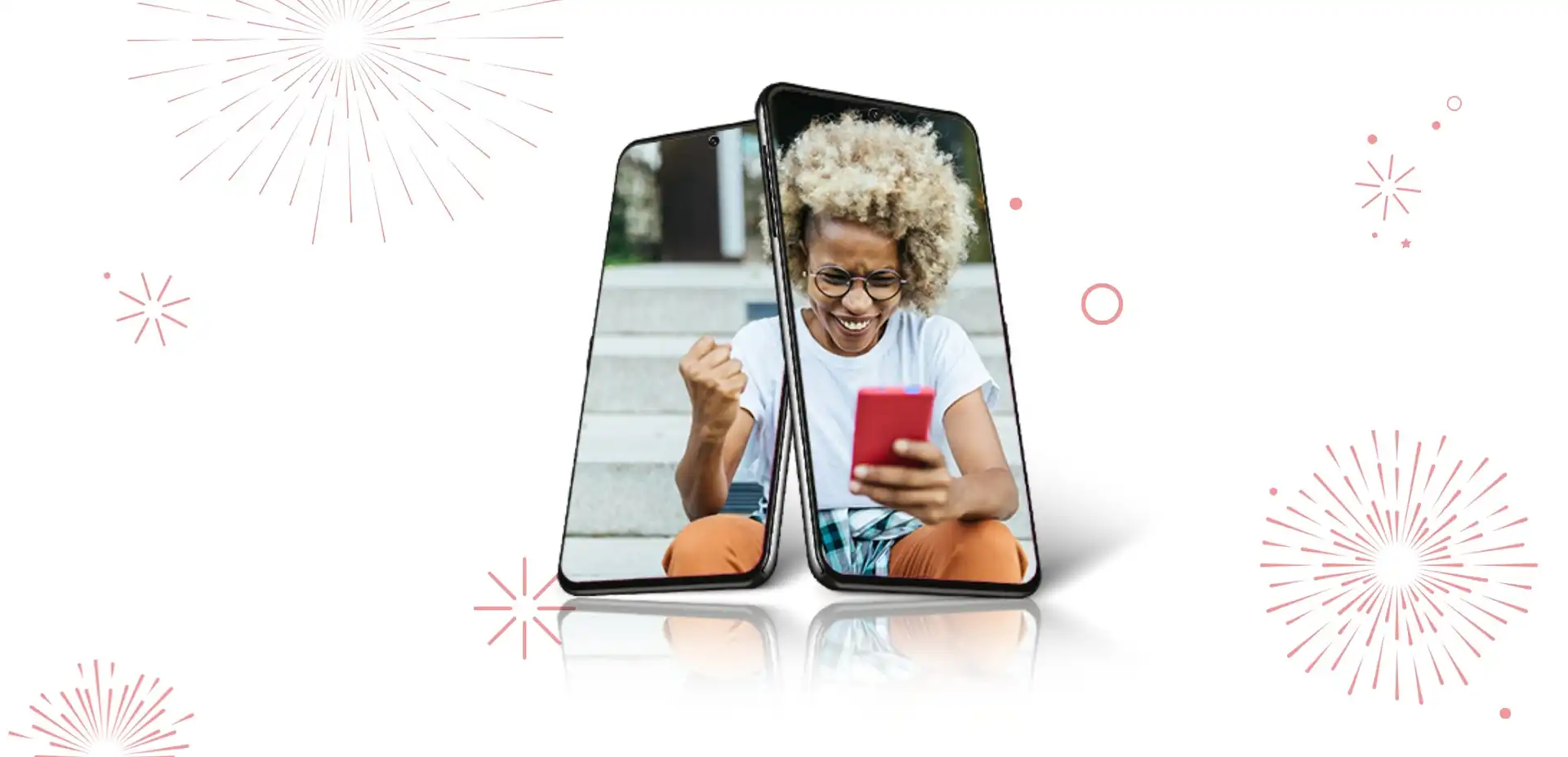 A person celebrates by raising their fists inside of a blank phone screen next to bright red firework bursts and a bright red maple leaf
