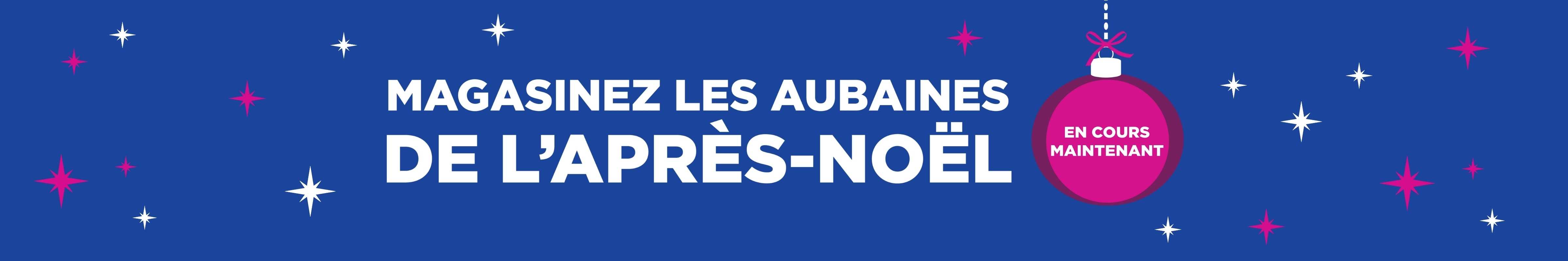Événement du Solde de l’Après-Noël en police cursive blanche et lumineuse, au-dessus d’une boule rose contenant les mots « MAINTENANT », entourée d’étincelles bleues et roses sur un fond bleu foncé