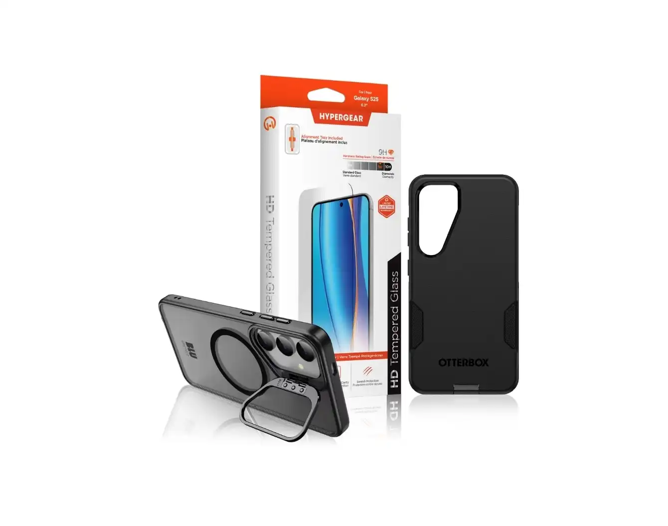 Blue Galaxy S25 phone case and white hypergear box with screen protector on a white background.