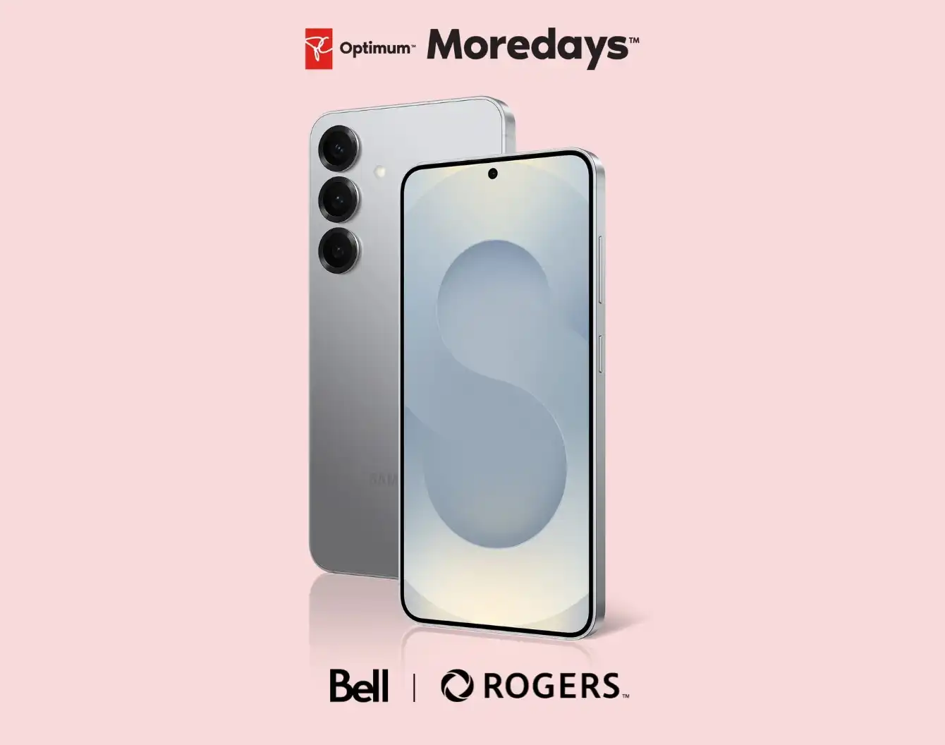 Silver Galaxy S25 on a pink background with semi transparent "more savings more points" font cascading down, and a black Bell and Rogers logo below the phone.