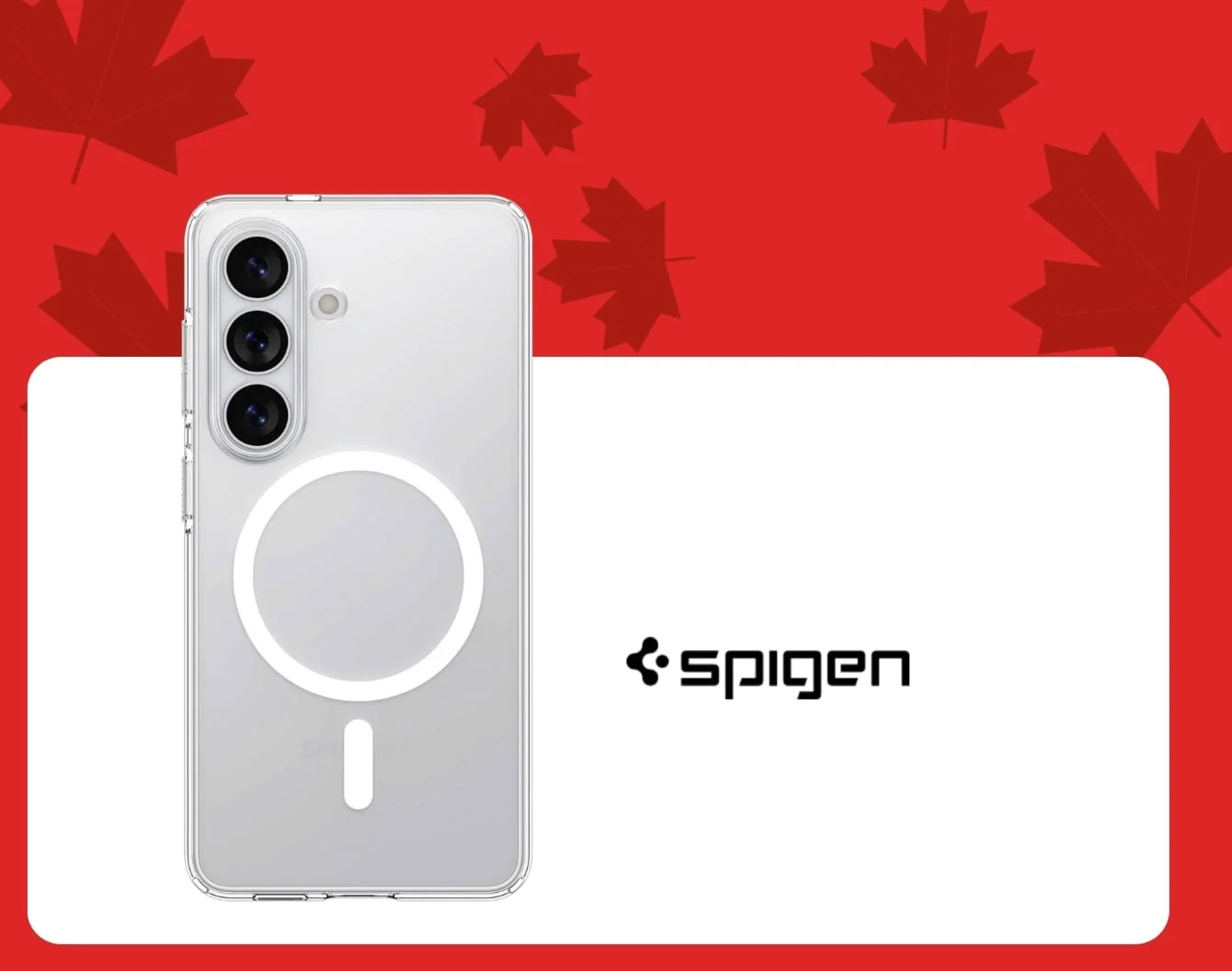 Un étuis Spigen argente à l'intérieur d'un contenant blanc, sur un fond rouge couvert de feuilles d'érable rouge foncé.