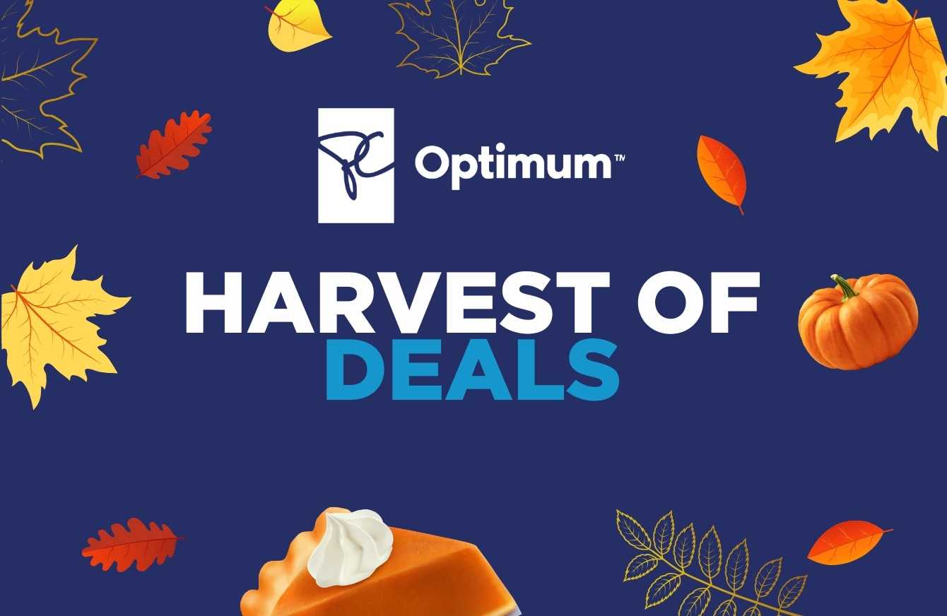HARVEST OF DEALS in capital letters against a blue background with leaves, pumpkins and slices of pie.