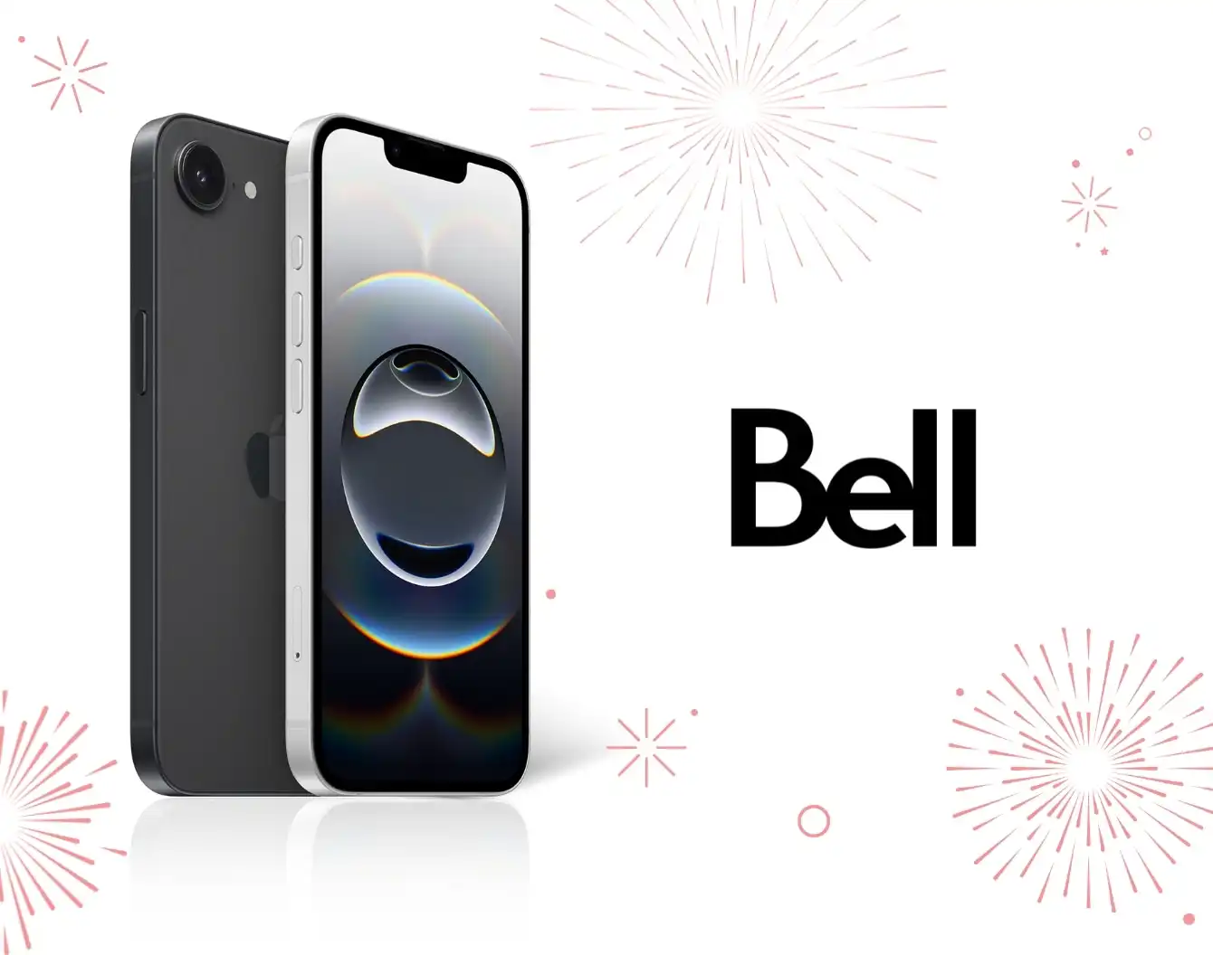 A black iPhone 16e next to bright red firework bursts and a bright red maple leaf