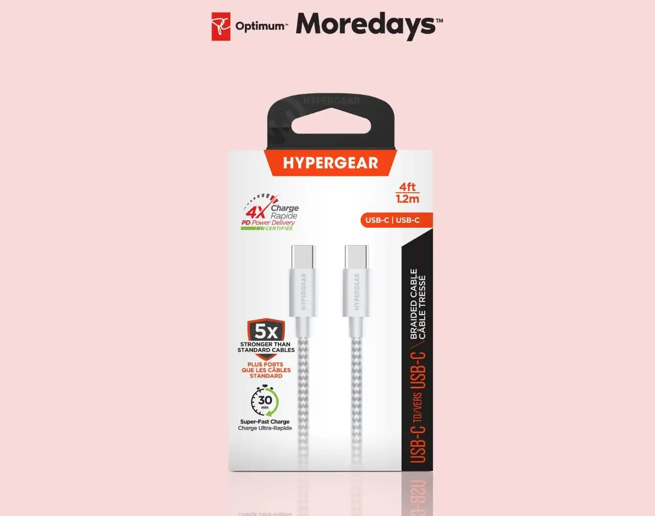 Hypergear cable in white box on a pink background with PC Optimum Moredays theme.