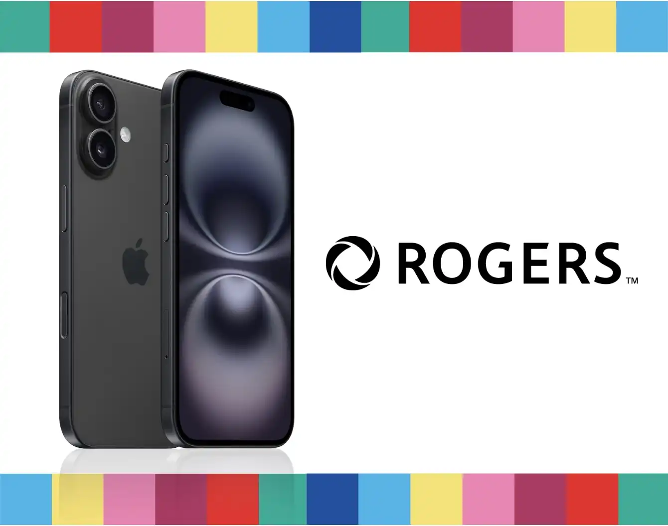 A black iPhone 16 next to colourful square tiles.