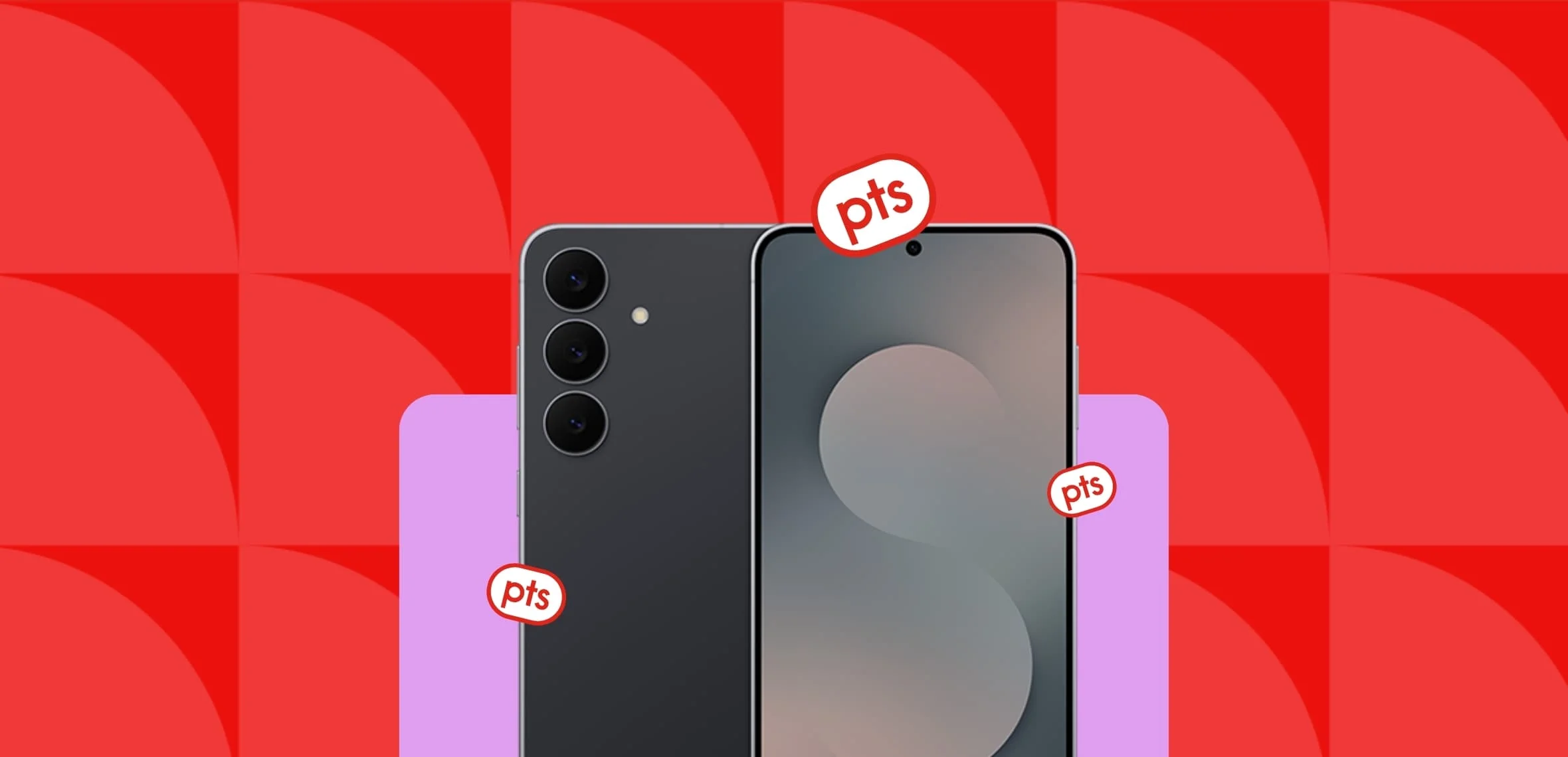 Un smartphone argenté sur un rectangle violet entouré de pastilles de points PC Optimum rouges.