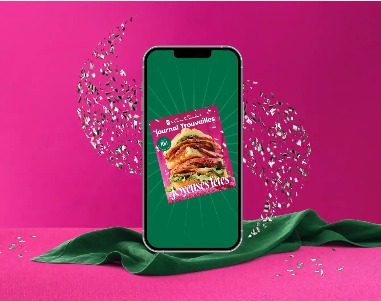 Des étincelles tourbillonnent autour de l'écran d'un smartphone qui affiche le magazine PC Insiders Report, tandis que des points rouges PC Optimum flottent autour de l'appareil.