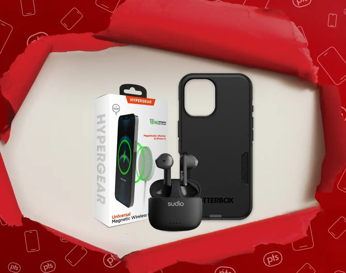 Red wrapping paper opens to reveal Otterbox black iPhone 16 case, black Sudio earbuds and Magsafe white cable cord and white powerbank.