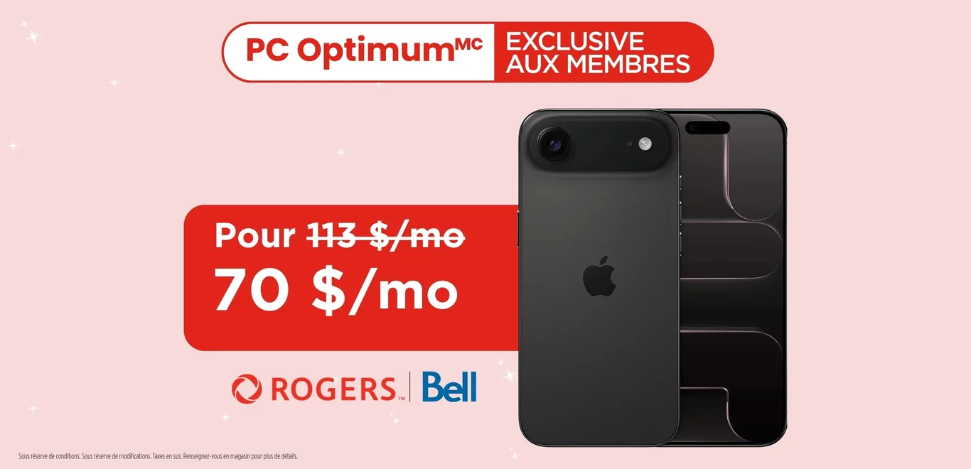 L'avant d'un iPhone Air noir sur un fond rose, sous un macaron rouge qui indique « Membres PC Optimum seulement »
