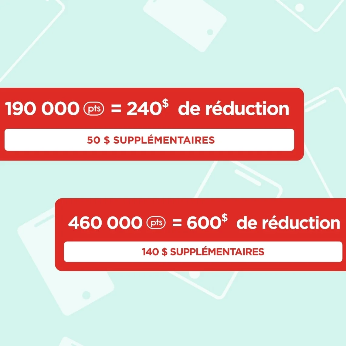 Deux rectangles rouges affichent les valeurs de points bonifiées (190 $ = 240 $ et 460 $ = 600 $) pour l'événement d'échange bonifié, sur un fond vert clair.