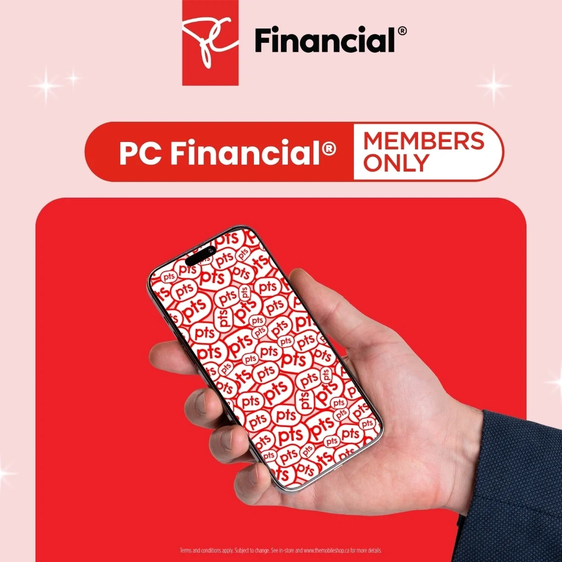 A hand holds a phone displaying an image of a man scrolling on his phone against a red rectangle on a light pink background.