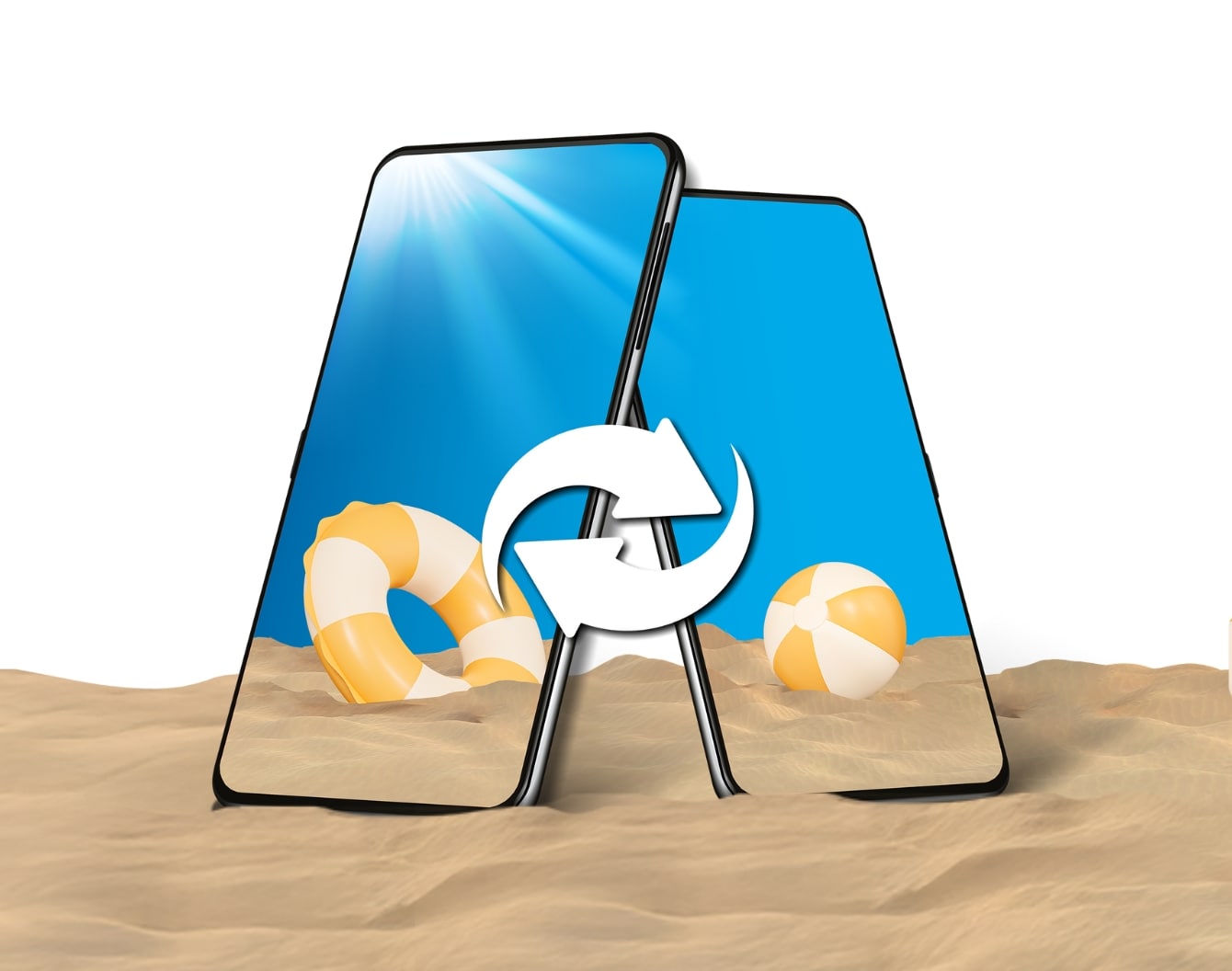 A blank phone with a yellow trade in cycle symbol rests on the sand of a beach under a blue sky.