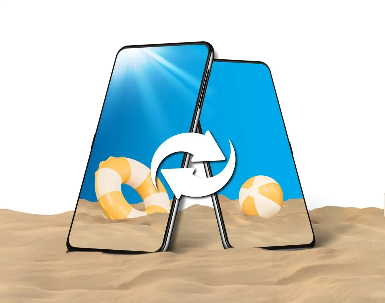 Un téléphone avec un écran vide et un symbole de reprise à l'intérieur repose sur le sable d'une plage avec un ciel bleu au-dessus.